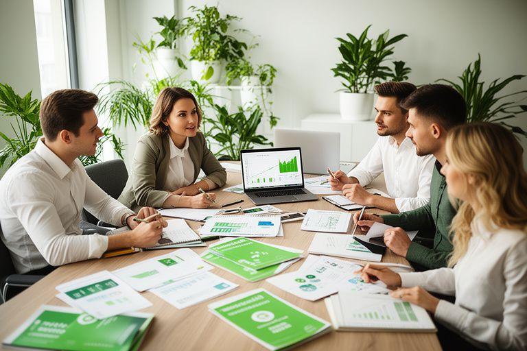 Zespół analizujący strategię zielonego wzrostu firmy przy stole konferencyjnym