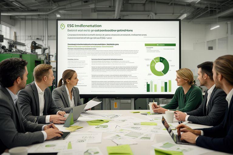 Zespół firmy produkcyjnej analizuje politykę ESG podczas warsztatu strategicznego